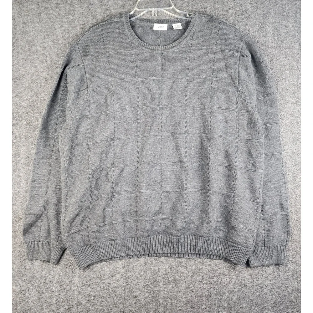 Izod Sweater Mens XXL Gray‎ Windowpane Textured Knit 100% Cotton Crewneck